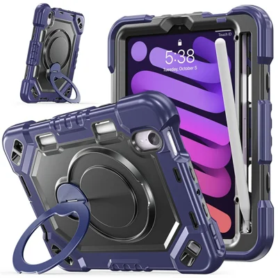 Чехол для iPad mini (2021) / (2024) TPU + PC + силиконовый ударопрочный чехол с подставкой и ручкой-держателем - темно-синий+черный