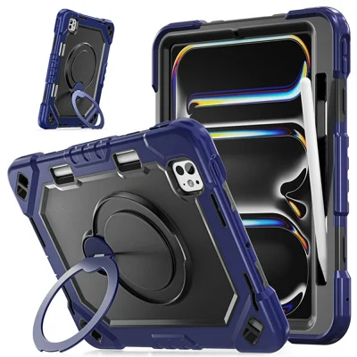 For iPad Pro 11 (2024)  /  (2025) Case TPU + PC + Silicone Shockproof Tablet Cover with Kickstand Handle Grip - Navy Blue+Black