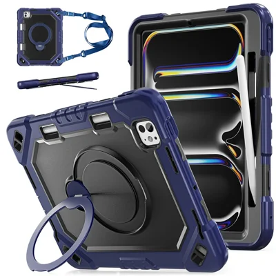 For iPad Pro 11 (2024)  /  (2025) Case Kickstand TPU + PC + Silicone Tablet Cover with Shoulder Strap - Navy Blue+Black