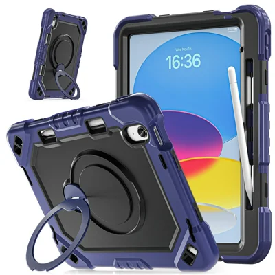 Fodral för iPad 10,9 (2022) / (2025) TPU + PC + Siliconiskt stötskydd med vinklingsbar ställfot och handtag - Navy Blue+Black