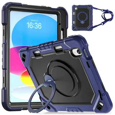 Fodral för iPad 10,9 (2022) / (2025) med vinklingsfot, TPU + PC + silikon, med axelrem – Navy Blue+Black