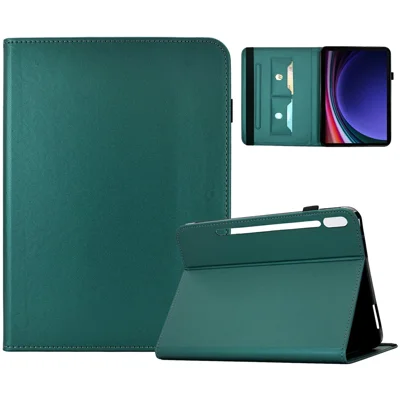 Étui en cuir PU pour Samsung Galaxy Tab S10 Lite / Tab S10 FE / Tab S9 FE / Tab S9, étui tablette avec support et porte-cartes, couleur unie - Vert