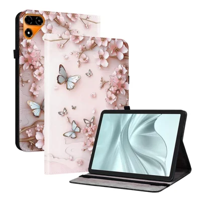 For TECNO Megapad 2 Leather Case Pattern Printed Stand Tablet Cover with Card Slots - Pink Butterfly