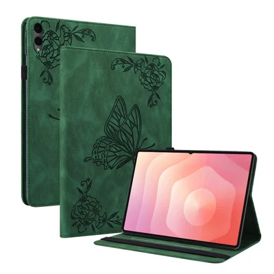 Tablet-Hülle für Samsung Galaxy Tab S12+ mit Schmetterlings- und Blumenmotiv, PU-Leder, mit Kartenfächern – Grün