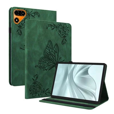 For TECNO Megapad 2 Case Butterfly Flower Imprint PU Leather Tablet Cover with Card Slots - Green