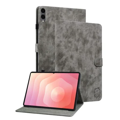 For Samsung Galaxy Tab S12+ Case Tiger Imprint Anti-Scratch PU Leather Tablet Cover - Grey