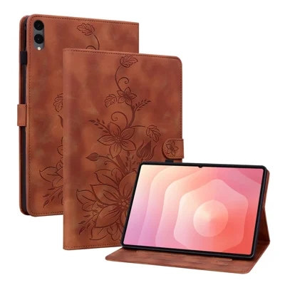 جراب لطراز Samsung Galaxy Tab S12+ بتصميم زهرة اللوتس مع فتحات لوضع البطاقات وغطاء لوحي من الجلد - بني