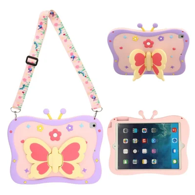 Protective Case For iPad 9.7-inch (2018) / (2017) / Air 2 / Air (2013) , 3D Butterfly Kickstand Silicone Tablet Cover with Shoulder Strap