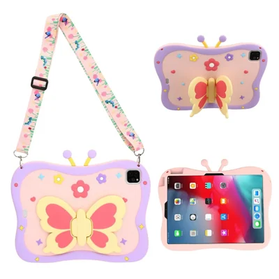 Protective Case For iPad Air 11 (2026) / (2025) / (2024) / iPad Pro 11 (2022) / (2021) / (2020) / (2018) / Air (2022) / (2020) , 3D Butterfly Kickstand Silicone Tablet Cover with Shoulder Strap