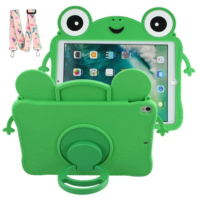 Capa para Tablet em Silicone para iPad 10,2 (2021) / (2020) / (2019) / Air 10,5 polegadas (2019) / (2017), Capa com Suporte Giratório e Alça de Ombro com Tema de Rã em Desenho Animado