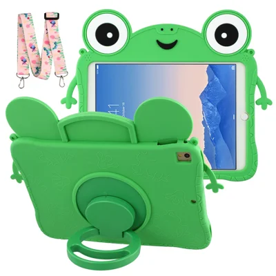 Silicone Tablet Case for iPad 9.7-inch (2018) / (2017) / Air 2 / Air (2013) , Rotating Kickstand Cartoon Frog Cover with Shoulder Strap
