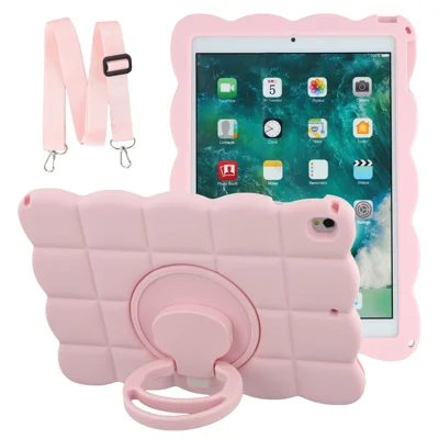 Capa para Tablet iPad 10,2 (2021) / (2020) / (2019) / Air 10,5 polegadas (2019) / iPad Pro 10,5 polegadas (2017) com Suporte Giratório, Textura Quadrada em Silicone, Capa com Alça de Ombro - Rosa