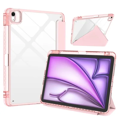 Für iPad Air 13 (2026) / (2025) / (2024) Tablet-Hülle Origami-Ständer Transparent Leder + TPU + Klare Acrylrückseite - Hellrosa