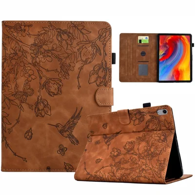For Samsung Galaxy Tab S12+ Case Flower Bird Imprinted Card Holder Leather Tablet Cover - Brown