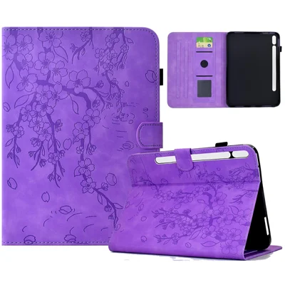 غطاء جلد لجهاز Samsung Galaxy Tab S12+ بتصميم زهرة الخوخ وفتحة للبطاقات وحامل - بنفسجي فاتح