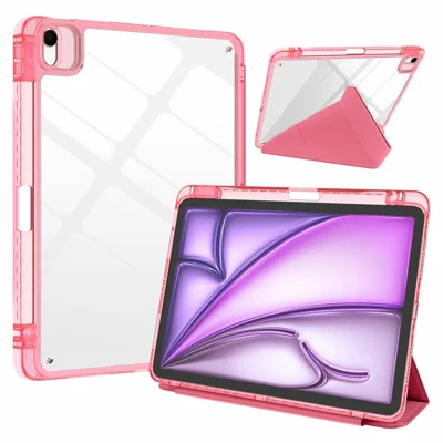 Tablet-Hülle für iPad Air 13 (2026) / (2025) / (2024) / Pro 12,9 (2022) / (2021) / (2020) / (2018) Magnetverschluss Origami-Ständer Leder + TPU + abnehmbare transparente Abdeckung – Rose