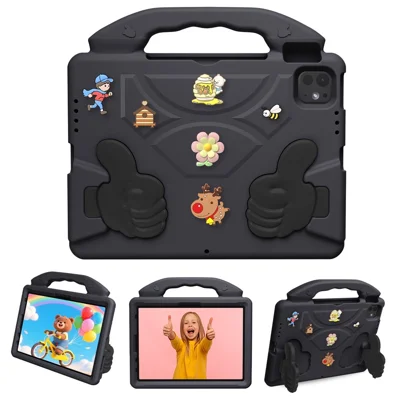 Funda EVA para iPad Pro 11 (2025) / (2024) / (2022) / (2021) / (2020) / (2018) / iPad Air (2022) / (2020) con Soporte de Pulgares y Dibujo Animado, Funda Protectora a Prueba de Golpes - Negro