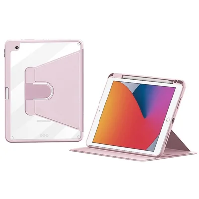 Skyddande fodral för iPad 10,2 (2021) / (2020) / (2019), läder + PC + TPU, roterande ställ, tabletfodral med integrerad pennficka – ljusrosa