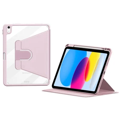 Funda para iPad (2025) / iPad 10,9 (2022) con Soporte Giratorio de Cuero + PC + TPU, Ranura Integrada para Lápiz - Rosa Claro