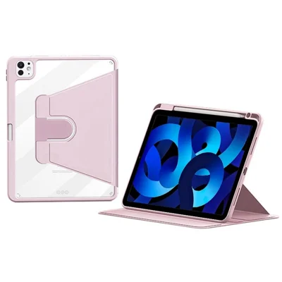Tablet-Hülle für iPad Pro 11 (2025) / (2024), Ledermischung aus PC + TPU, drehbarer Ständer, mit integrierter Stiftschlitz – Hellrosa