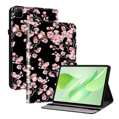 Cover in pelle per Honor Pad X9b Max con stampa motivo a fiore di susino, custodia con supporto e fessote per carte