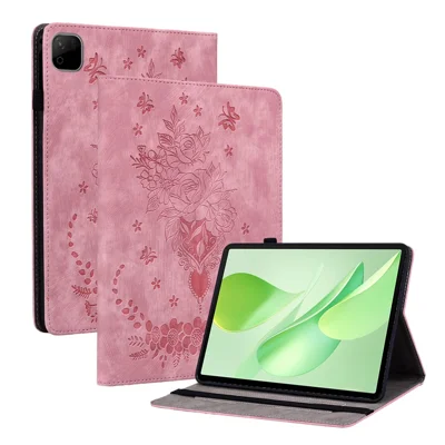 Cover per Honor Pad X9b Max con Porta Carte, Custodia Antigraffio in Pelle con Fiore di Rosa Stampato - Rosa