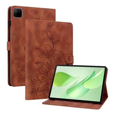 Cover per Honor Pad X9b Max con Stampa di Fiori di Giglio, Supporto con Fessure per Carte in Pelle - Marrone