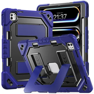 For iPad Pro 13 (2025) / (2024) Case Kickstand PC + TPU + Silicone Tablet Cover with Pen Holder - Navy Blue+Black