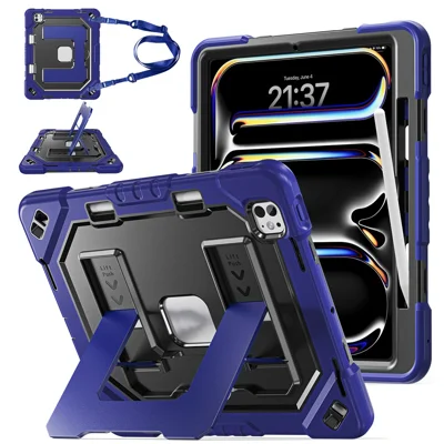 For iPad Pro 13 (2025) / (2024) Case Shockproof PC + TPU + Silicone Protective Cover with Shoulder Strap / Pen Holder - Navy Blue+Black