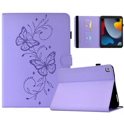 Tablet-Hülle für iPad 10,2 (2021) / (2020) / (2019) / Air 10,5 Zoll (2019) / (2017), Schmetterlingsmuster aus PU-Leder mit Kartenfach - Helllila
