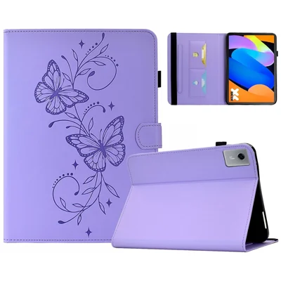 Capa de Tablet com Estampa de Borboleta para Lenovo Xiaoxin Pad 11 2025, em Couro PU com Ranhura para Cartões - Roxo Claro