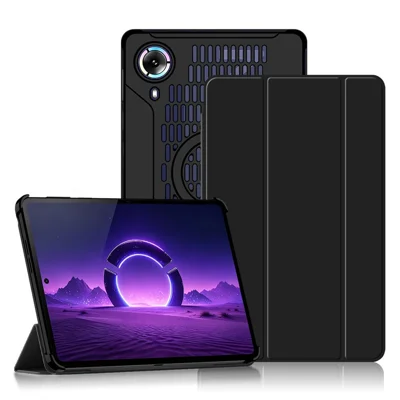 For Lenovo Legion Y700 AI Case Tri-fold Stand Hollow Heat Dissipation PC + PU Protective Cover - Black