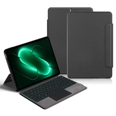 For Xiaomi Pad 9 Leather Case + Touchpad Bluetooth-Compatible Keyboard with Backlit - Black