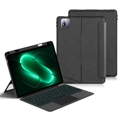For Xiaomi Pad 9 Pro Leather Case + Bluetooth-Compatible Keyboard with Backlight Trackpad - Black