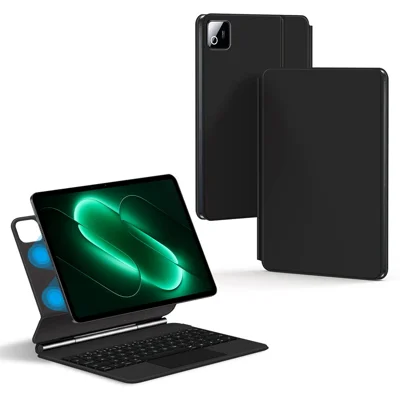 For Xiaomi Pad 9 Pro Magnetic Floating Bluetooth-Compatible Keyboard (English) + Leather Tablet Case - Black