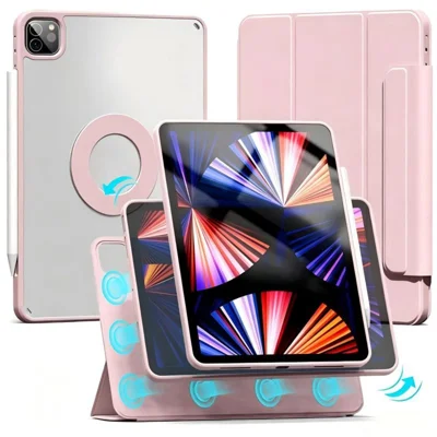 Abnehmbares magnetisches Case für iPad Air 13 (2026) / (2025) / (2024) / iPad Pro 12,9 (2022) / (2021) / (2020) / (2018), Schutz-Tablet-Hülle mit transparentem Rücken und Y-Falt-Ständer – Rosa