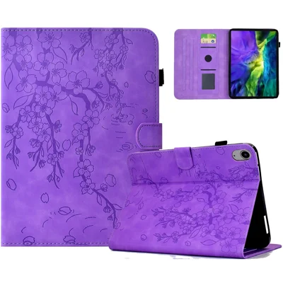 For iPad mini (2026) Leather Case Plum Blossom Stand Card Slots Tablet Cover - Light Purple
