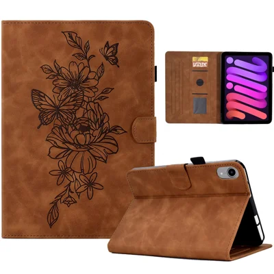 For iPad mini (2026) Case Flower Butterfly Imprinted Card Slots Leather Cover - Brown
