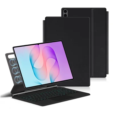 For Samsung Galaxy Tab S12 Ultra / Tab S11 Ultra Magnetic Floating Bluetooth-Compatible Keyboard (Portuguese) + Leather Tablet Case - Black