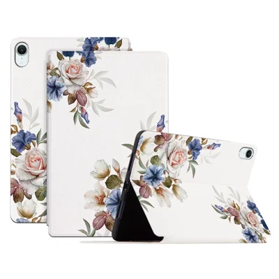 For iPad mini (2026) Case Flower Pattern Flip Stand PU Leather Tablet Cover - White Flower Bush