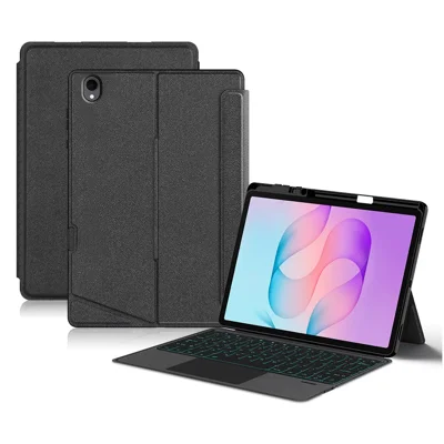 For Samsung Galaxy Tab S12+ Leather Case + Bluetooth-Compatible Keyboard with Backlight Trackpad - Black