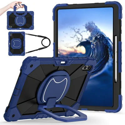 Tablet-Hülle für Samsung Galaxy Tab S12 Ultra / S11 Ultra aus Silikon + PC mit Handgriff, Kippständer und Schultergurt – Marineblau / Schwarz