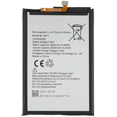 Para Tecno Camon 15 4G / Spark 5 Air / Spark 5 / Spark 5 Pro / Spark 6 Go / Spark Go / Pop 4 Air / Camon 15 Air Bateria de Polímero de Íon de Lítio 3,85V 4900mAh (Codifica: BL-49FT) (sem logotipo)