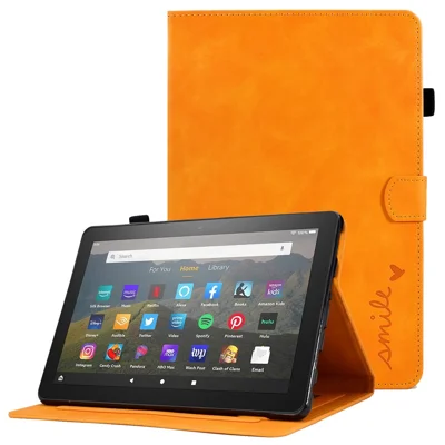 For Amazon Fire HD 8 (2020) Solid Color Heart Shape Imprinted PU Leather Shockproof Cover Card Slots Design Foldable Stand Protective Case - Khaki