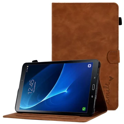 For Samsung Galaxy Tab A 10.1 (2016) T580 Smart Tablet Case Imprinted Pattern Leather Dustproof Solid Color Stand Cover with Card Slots - Brown