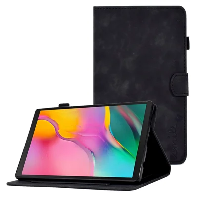 Étui en cuir PU pour Samsung Galaxy Tab A 10,1 (2019) SM-T510, avec fentes pour cartes, support folio, motif imprimé, compartiment pour stylet, activation/sommeil automatique - Noir