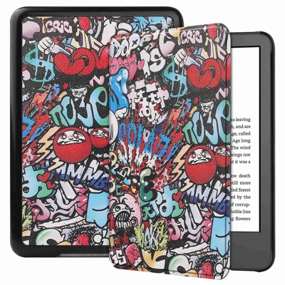Capa Protetora de Couro PU + PC para Amazon Kindle 6 polegadas (2024) / (2022) com Impressão de Padrão e Função de Suspensão/Ativação Automática - Grafite