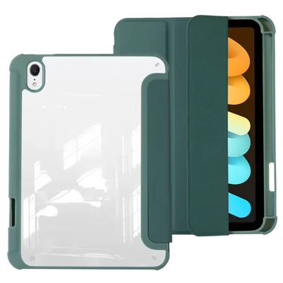 لـ iPad mini (2024) / mini (2021) غطاء واقي من جلد PU + TPU + أكريليك شفاف بتصميم ثلاثي الطي مع حامل - أخضر منتصف الليل