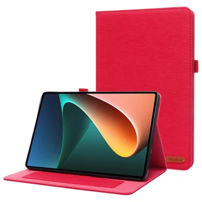 For Xiaomi Pad 5 / Pad 5 Pro Cloth Texture Tablet Case Full Body Protection PU Leather Card Holder Folio Stand Cover - Red