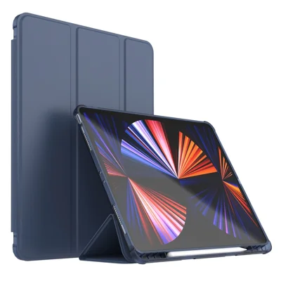Für iPad Pro 12.9 (2020) / (2021) / (2022) PU-Leder-Trifold-Ständer-Cover Auto-Schlaf-/Weckfunktion Intelligente Tablet-Hülle mit Stifthalter - Dunkelblau
